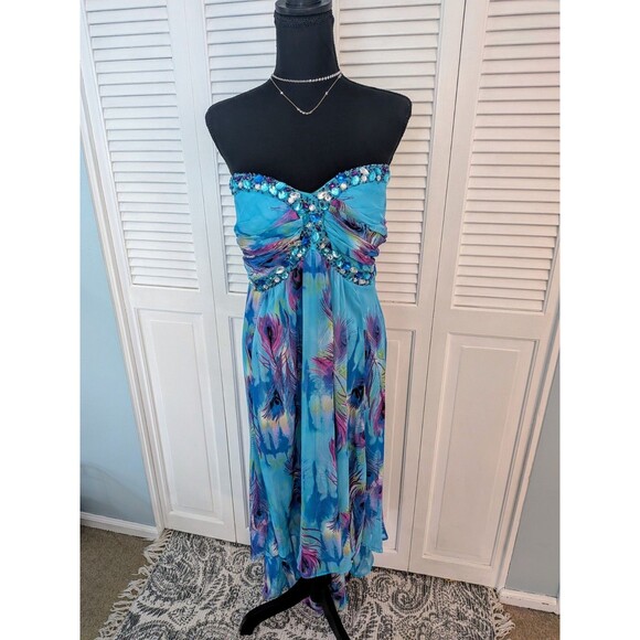 Deb Vtg 90s Y2K Dress Womens 24 Strapless Embellished High-lo Blue Peacock Maxi - Picture 1 of 16